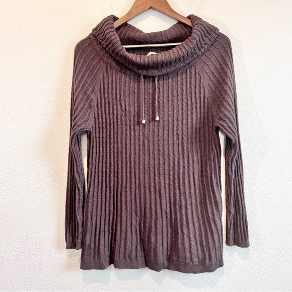 Soft Surroundings Sweaters - Soft Surroundings Ribbed Cowl Neck Cable Knit Sweater Brown Cozy Fall Layer M